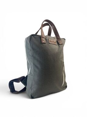 Maika Waxed Canvas Backpack with Brown Vegan Leather Handles and Trim in Gray